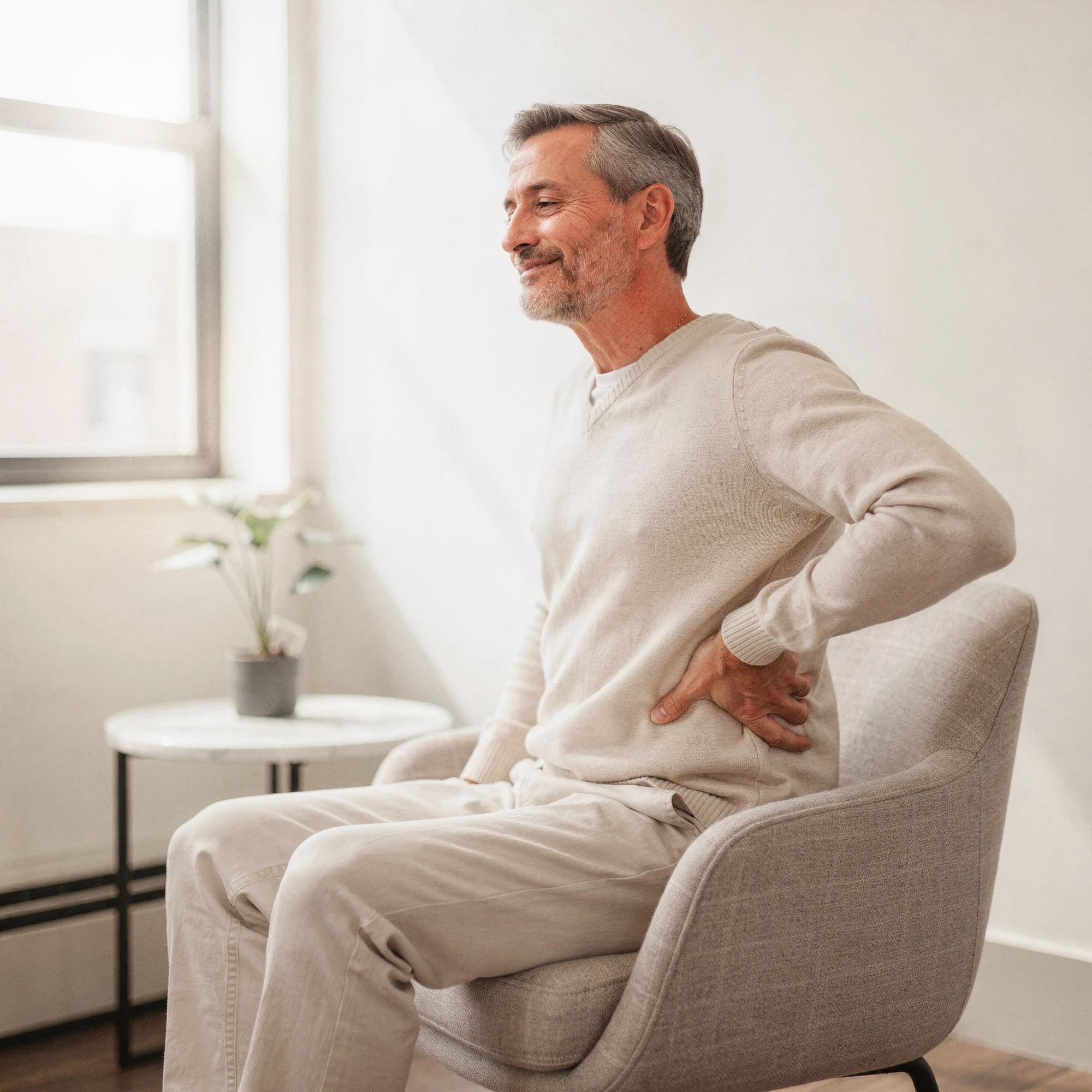 Man seated in a chair holding his lower back, depicting chronic pain